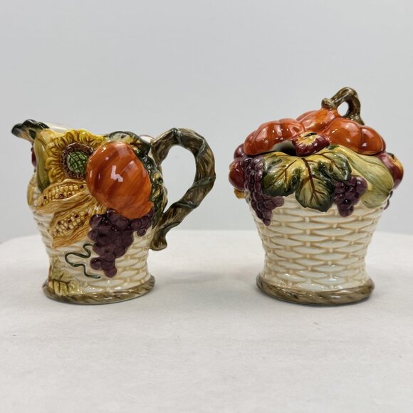 Vintage Ceramic Fall Harvest Creamer & Sugar Bowl Set Thanksgiving Tableware - Picture 1 of 14